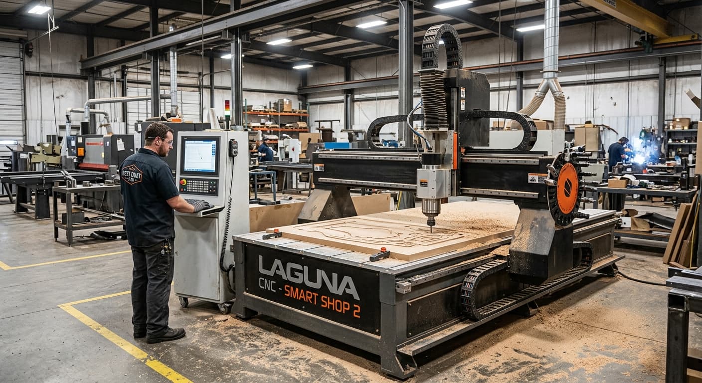 CNC router machine on a factory floor being tracked in AssetNox
